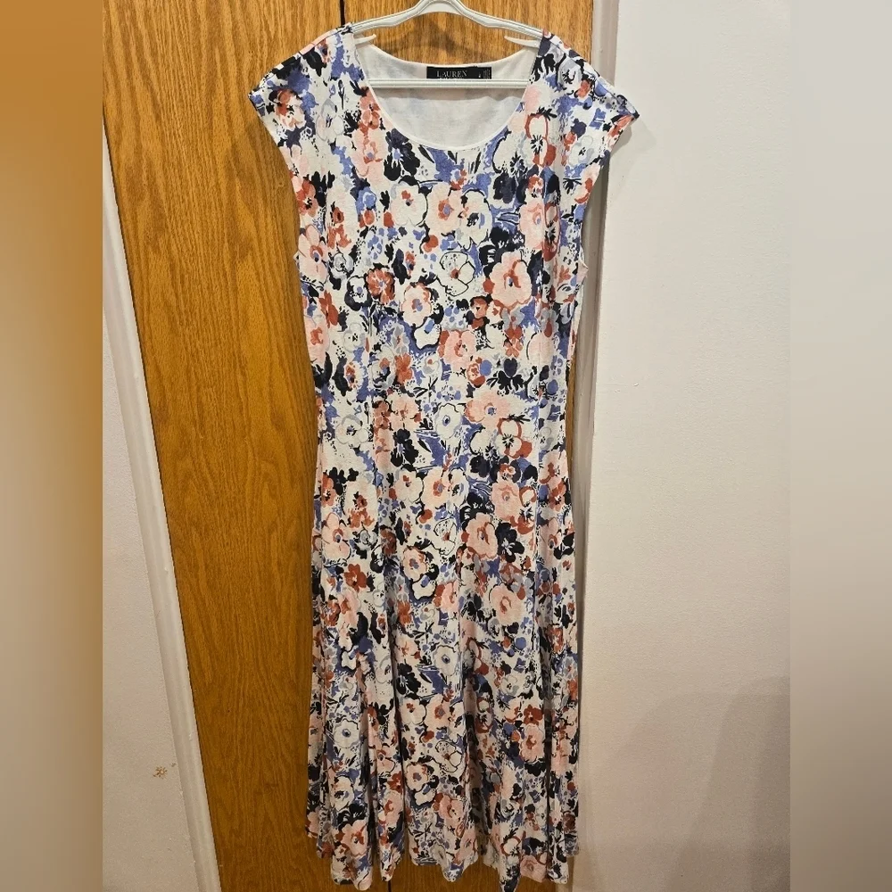 NWOT Ralph Lauren Black Label Multicolor Floral Midi Dress In Linen&Viscose Sz L - Picture 6 of 11